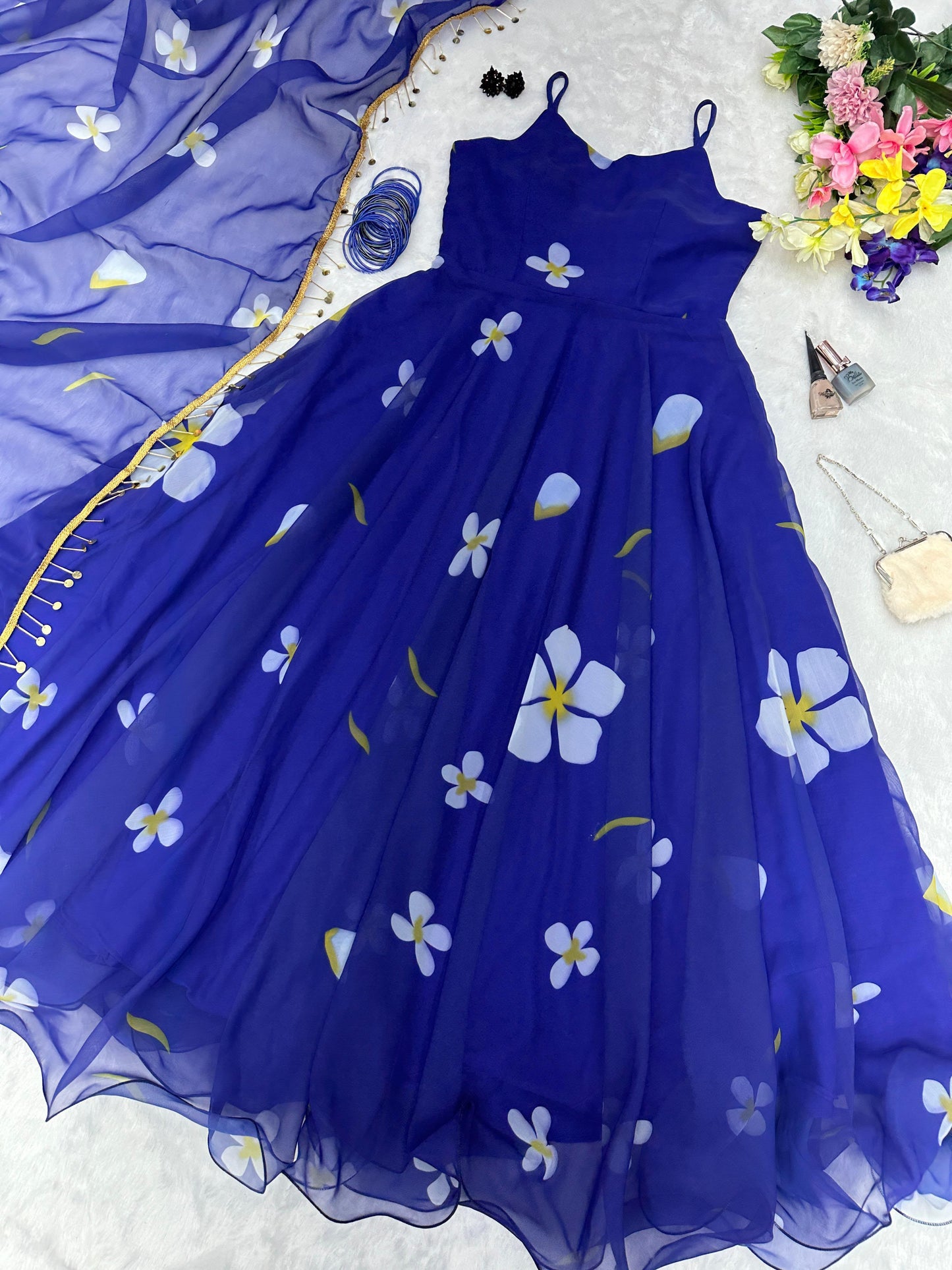 Floral Printed Organza Anarkali Gown Set with Bottom & Dupatta