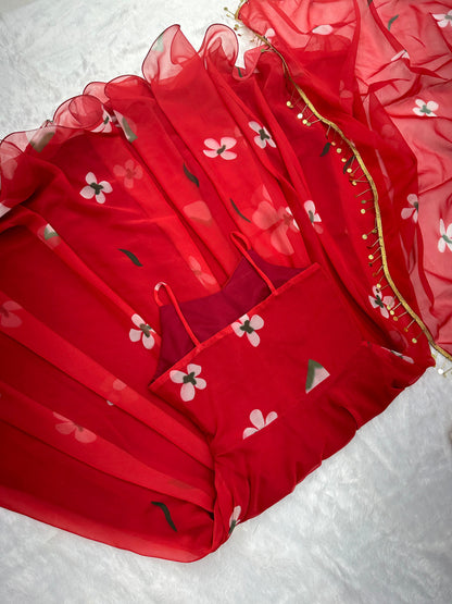 Floral Printed Organza Anarkali Gown Set with Bottom & Dupatta