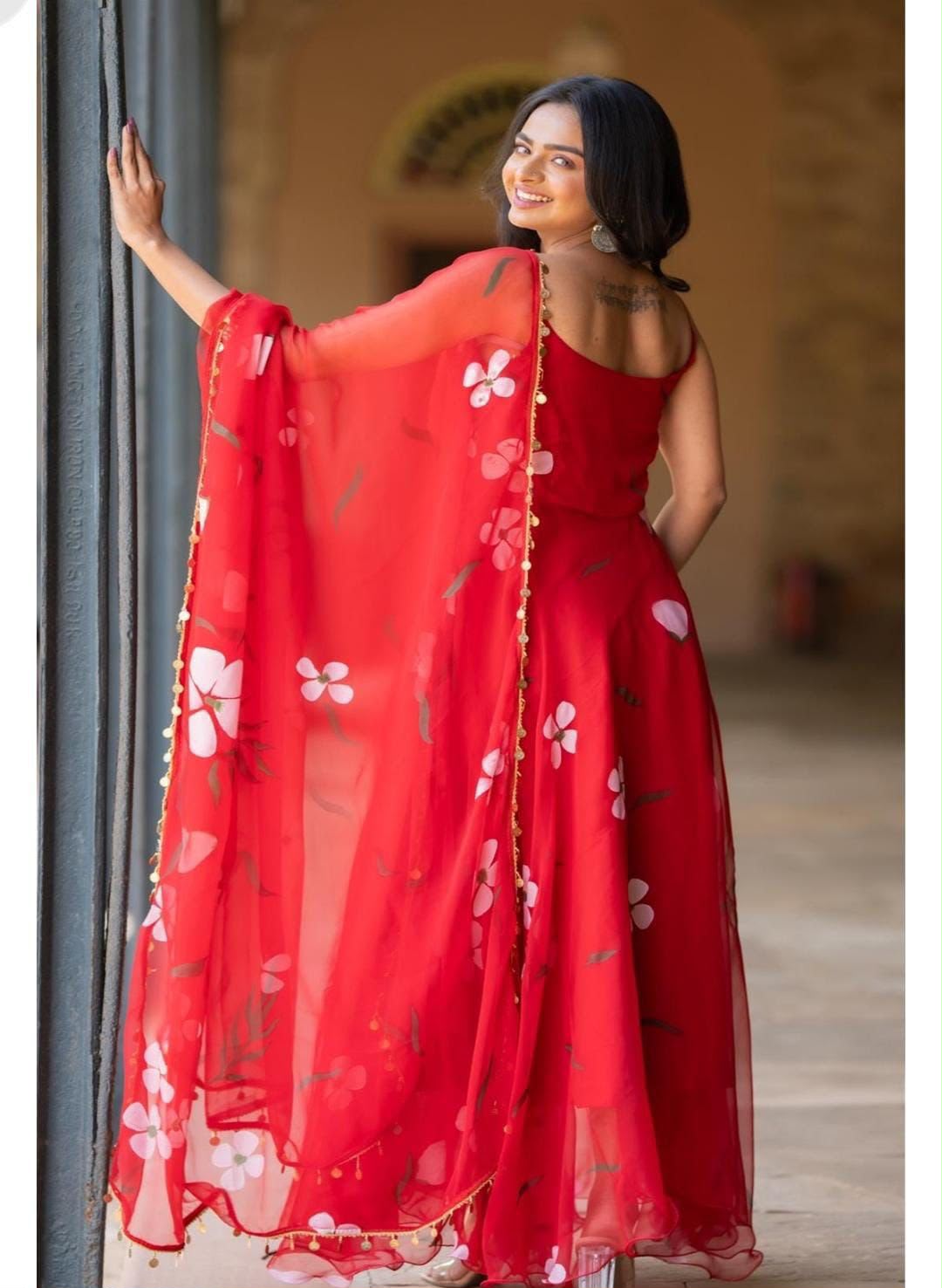 Floral Printed Organza Anarkali Gown Set with Bottom & Dupatta