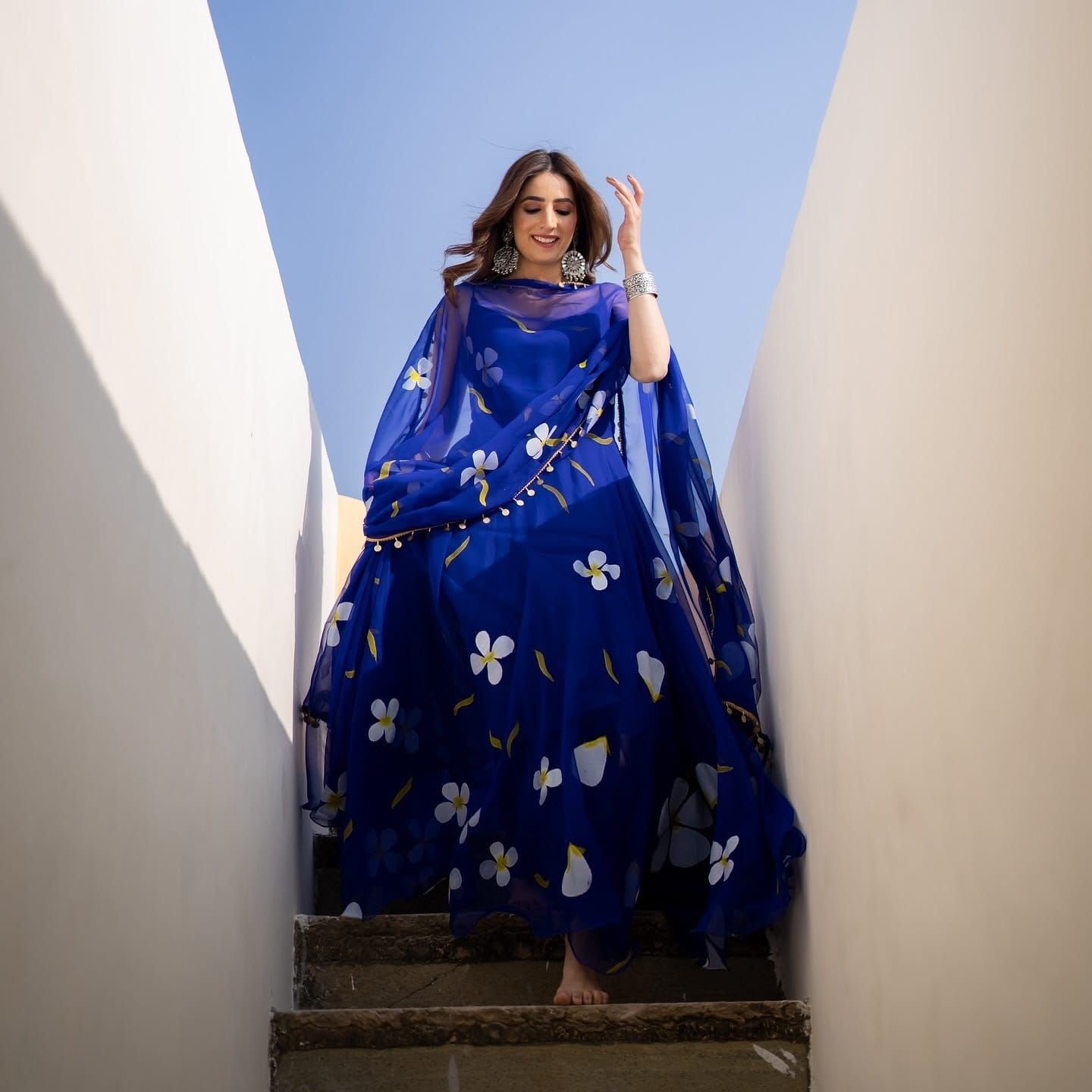 Floral Printed Organza Anarkali Gown Set with Bottom & Dupatta
