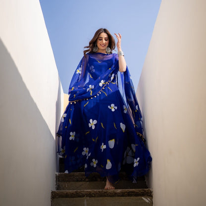 Floral Printed Organza Anarkali Gown Set with Bottom & Dupatta