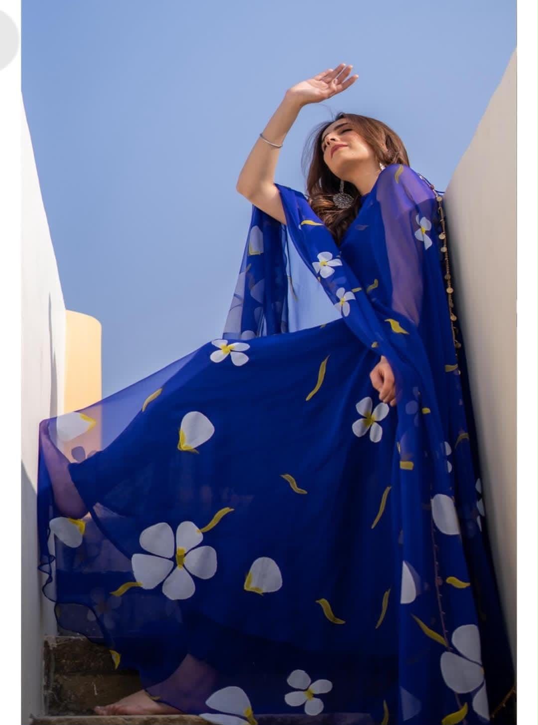 Floral Printed Organza Anarkali Gown Set with Bottom & Dupatta
