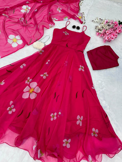 Floral Printed Organza Anarkali Gown Set with Bottom & Dupatta