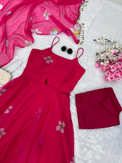 Floral Printed Organza Anarkali Gown Set with Bottom & Dupatta