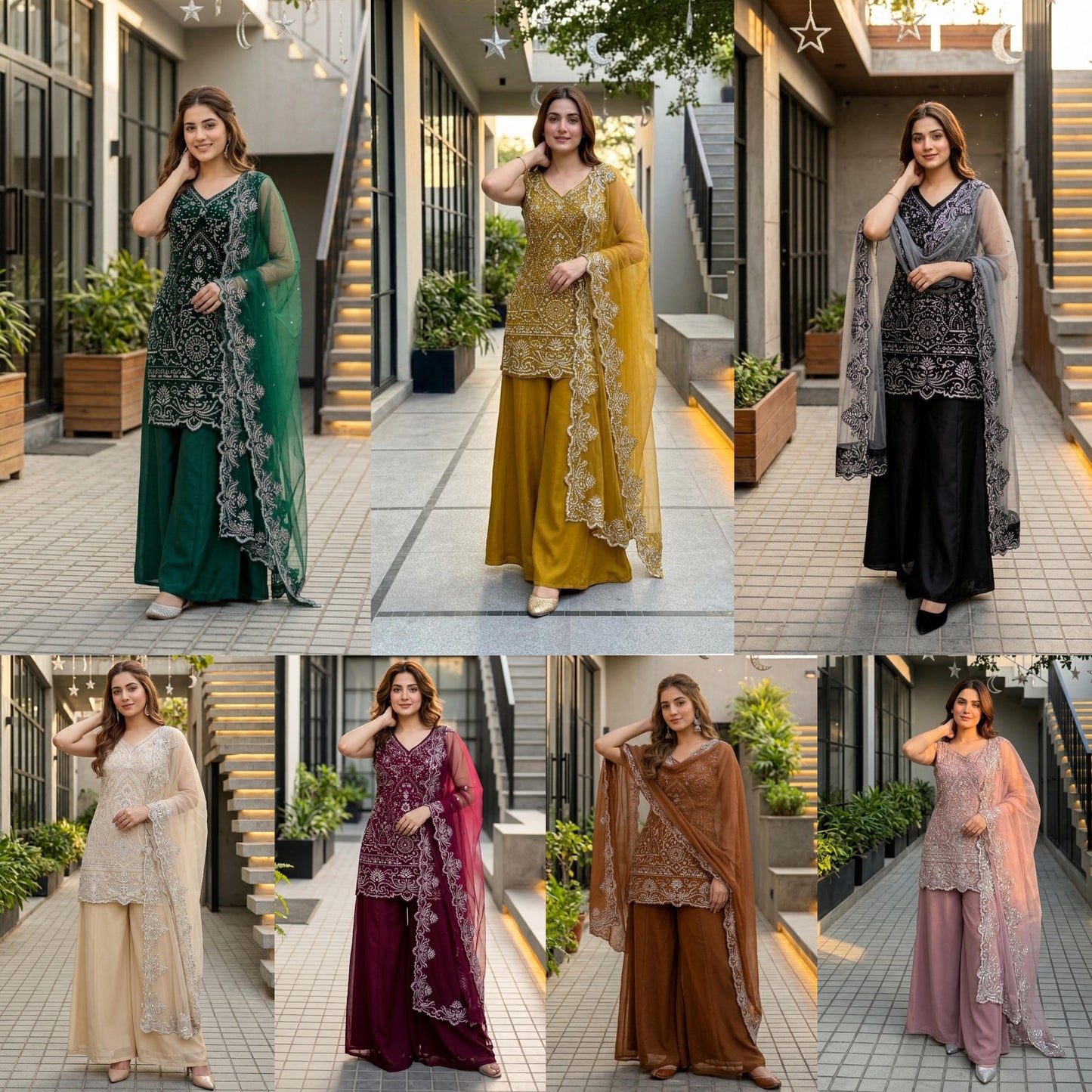 Designer Heavy Star Georgette Embroidered Suit Set with Palazzo & Dupatta