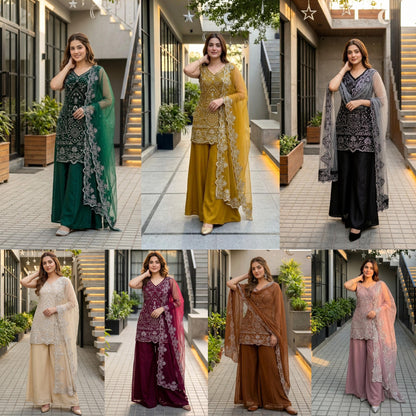 Designer Heavy Star Georgette Embroidered Suit Set with Palazzo & Dupatta