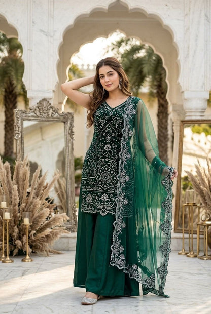 Designer Heavy Star Georgette Embroidered Suit Set with Palazzo & Dupatta