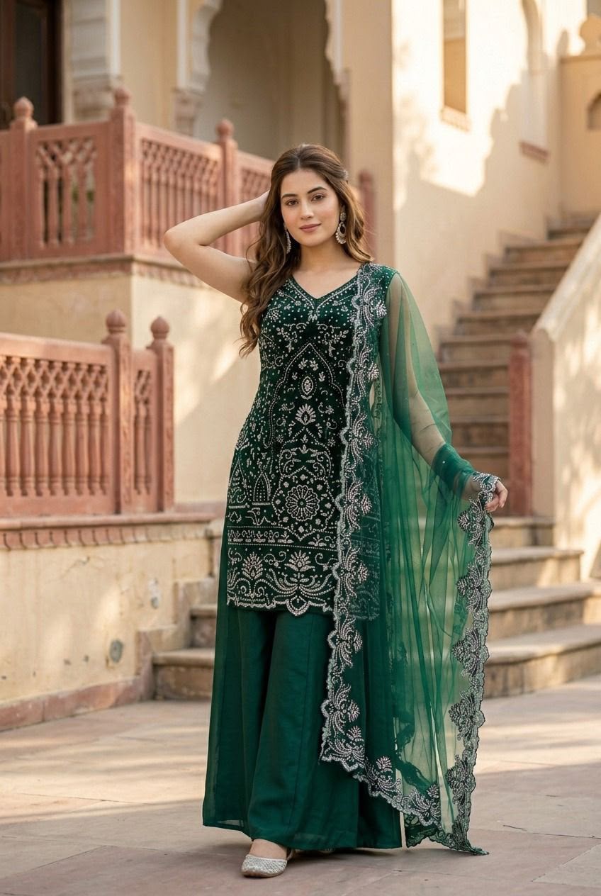 Designer Heavy Star Georgette Embroidered Suit Set with Palazzo & Dupatta