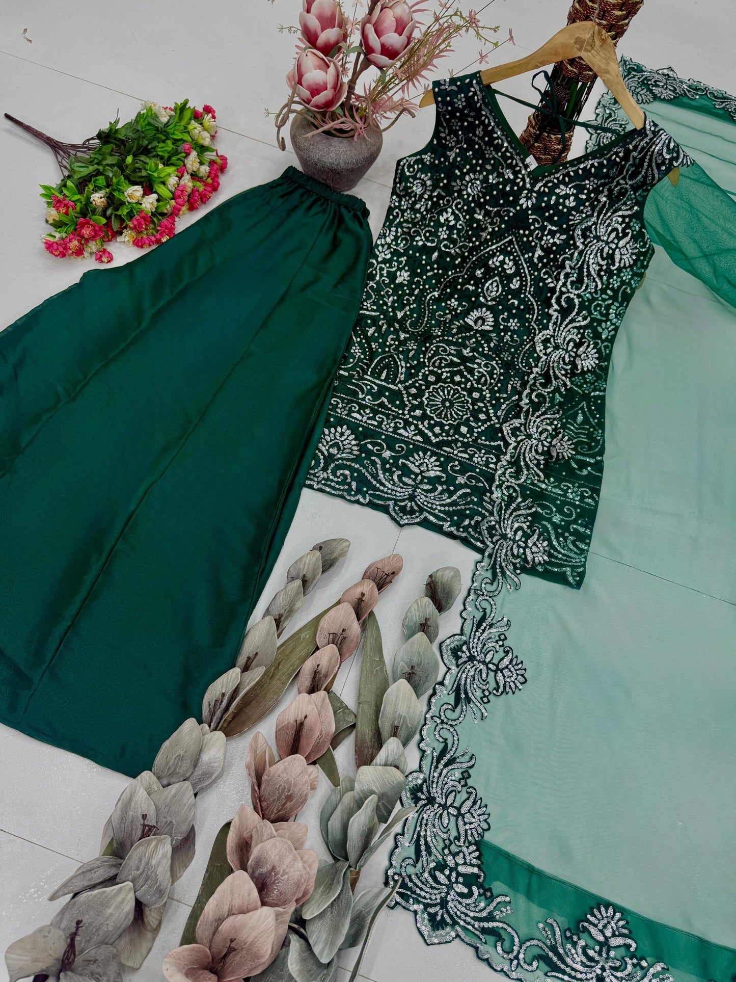 Designer Heavy Star Georgette Embroidered Suit Set with Palazzo & Dupatta