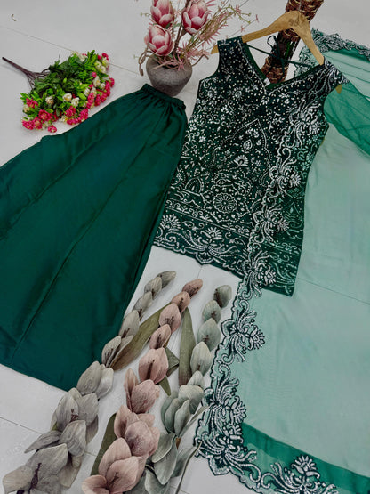 Designer Heavy Star Georgette Embroidered Suit Set with Palazzo & Dupatta