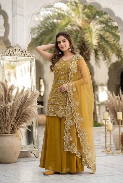 Designer Heavy Star Georgette Embroidered Suit Set with Palazzo & Dupatta