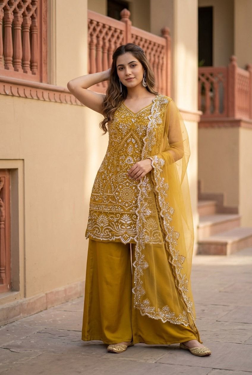 Designer Heavy Star Georgette Embroidered Suit Set with Palazzo & Dupatta