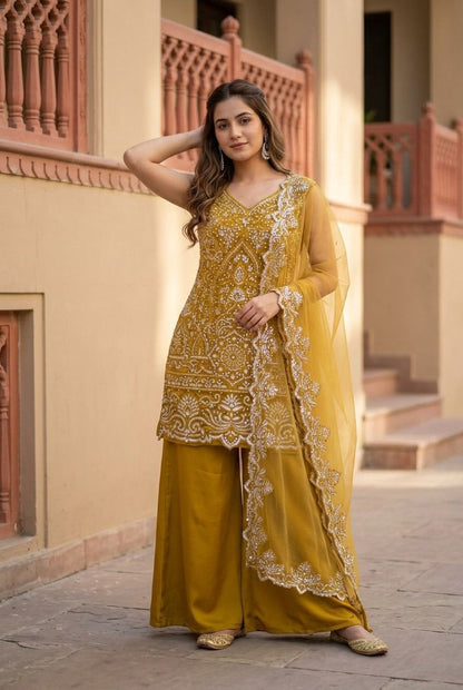 Designer Heavy Star Georgette Embroidered Suit Set with Palazzo & Dupatta