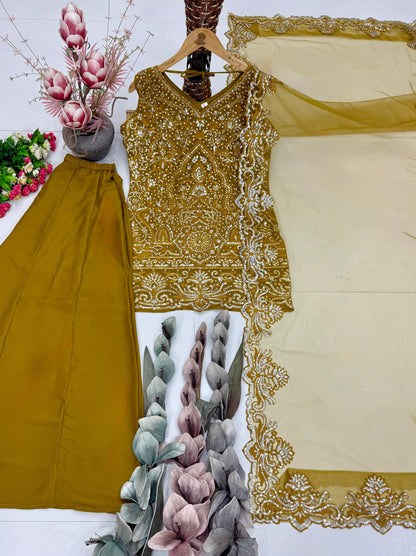 Designer Heavy Star Georgette Embroidered Suit Set with Palazzo & Dupatta