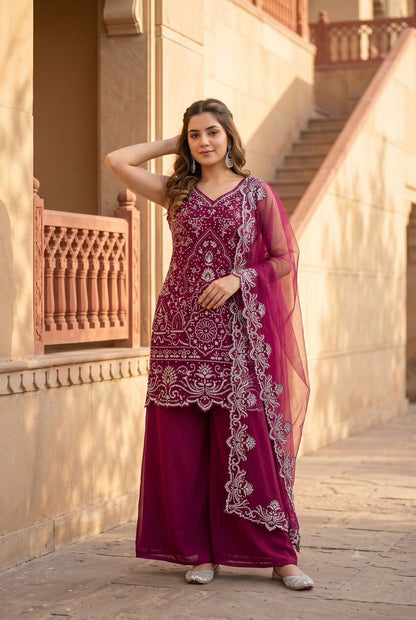 Designer Heavy Star Georgette Embroidered Suit Set with Palazzo & Dupatta