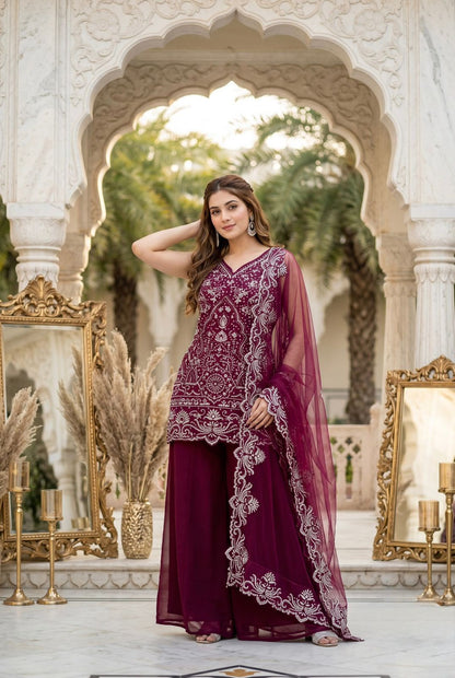 Designer Heavy Star Georgette Embroidered Suit Set with Palazzo & Dupatta