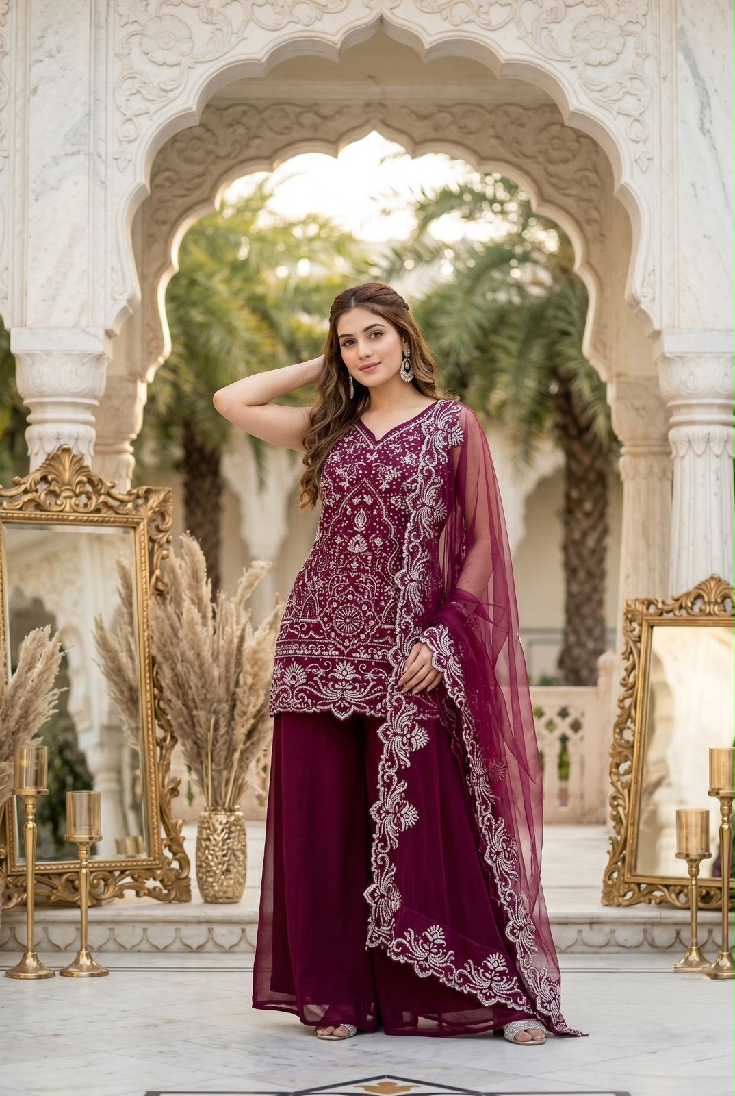 Designer Heavy Star Georgette Embroidered Suit Set with Palazzo & Dupatta