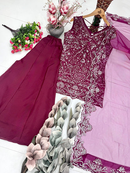 Designer Heavy Star Georgette Embroidered Suit Set with Palazzo & Dupatta