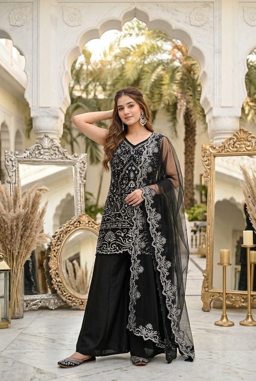 Designer Heavy Star Georgette Embroidered Suit Set with Palazzo & Dupatta