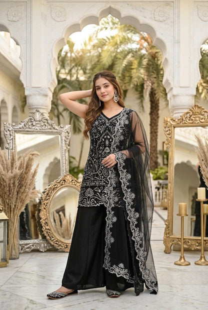 Designer Heavy Star Georgette Embroidered Suit Set with Palazzo & Dupatta