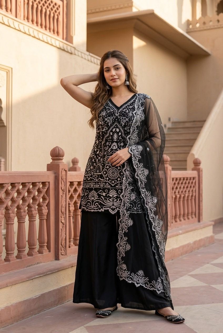 Designer Heavy Star Georgette Embroidered Suit Set with Palazzo & Dupatta