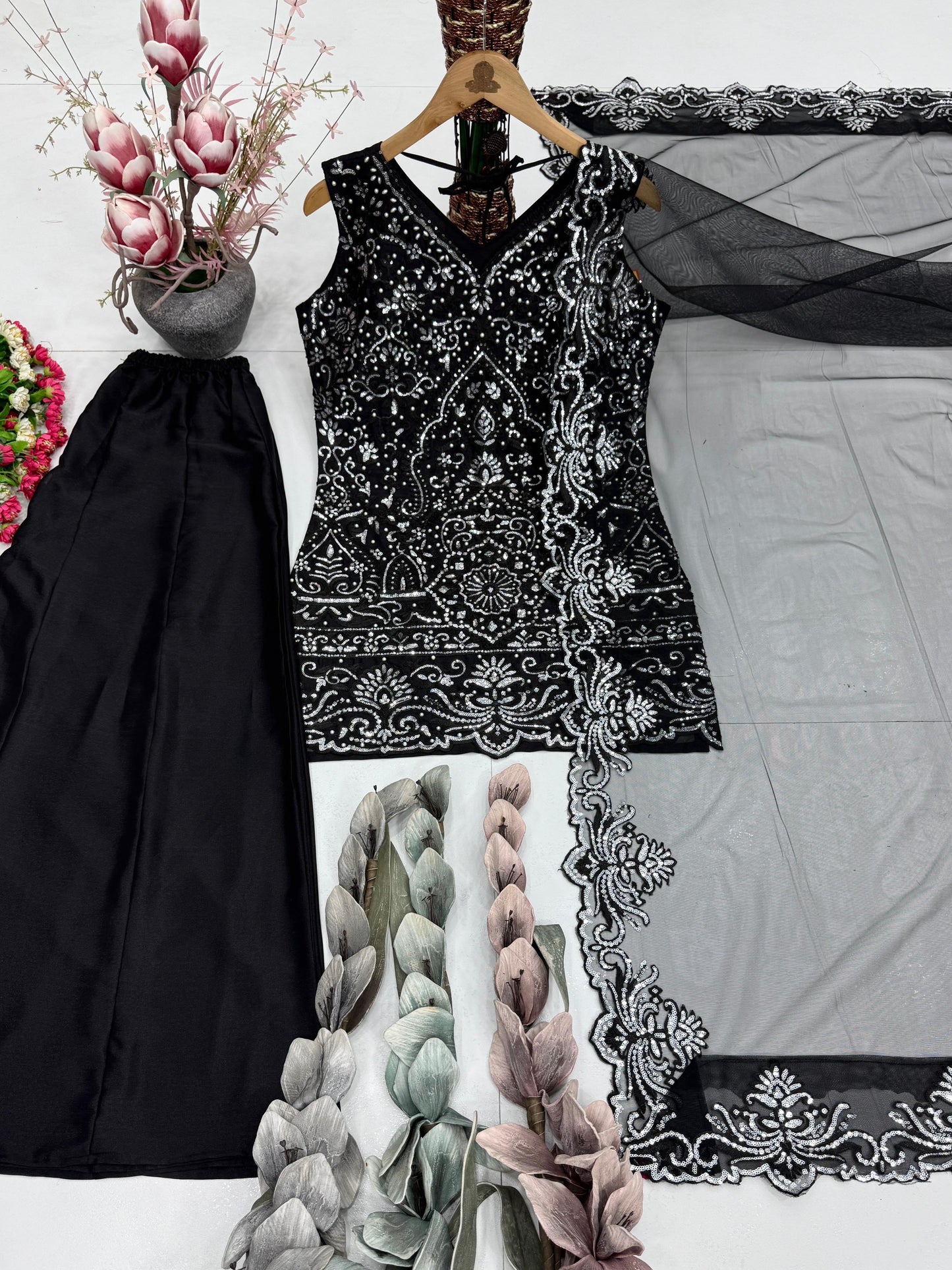 Designer Heavy Star Georgette Embroidered Suit Set with Palazzo & Dupatta