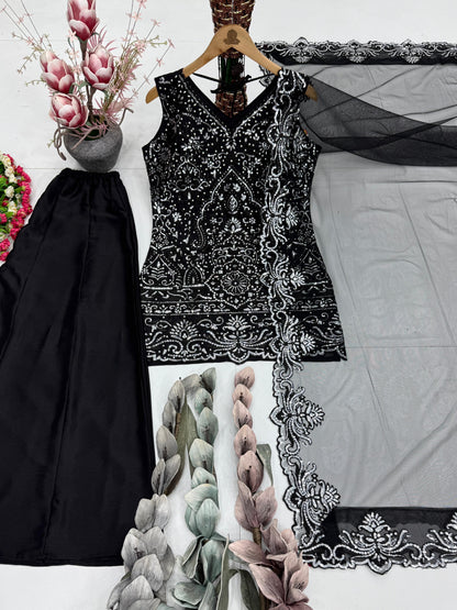 Designer Heavy Star Georgette Embroidered Suit Set with Palazzo & Dupatta