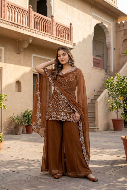 Designer Heavy Star Georgette Embroidered Suit Set with Palazzo & Dupatta
