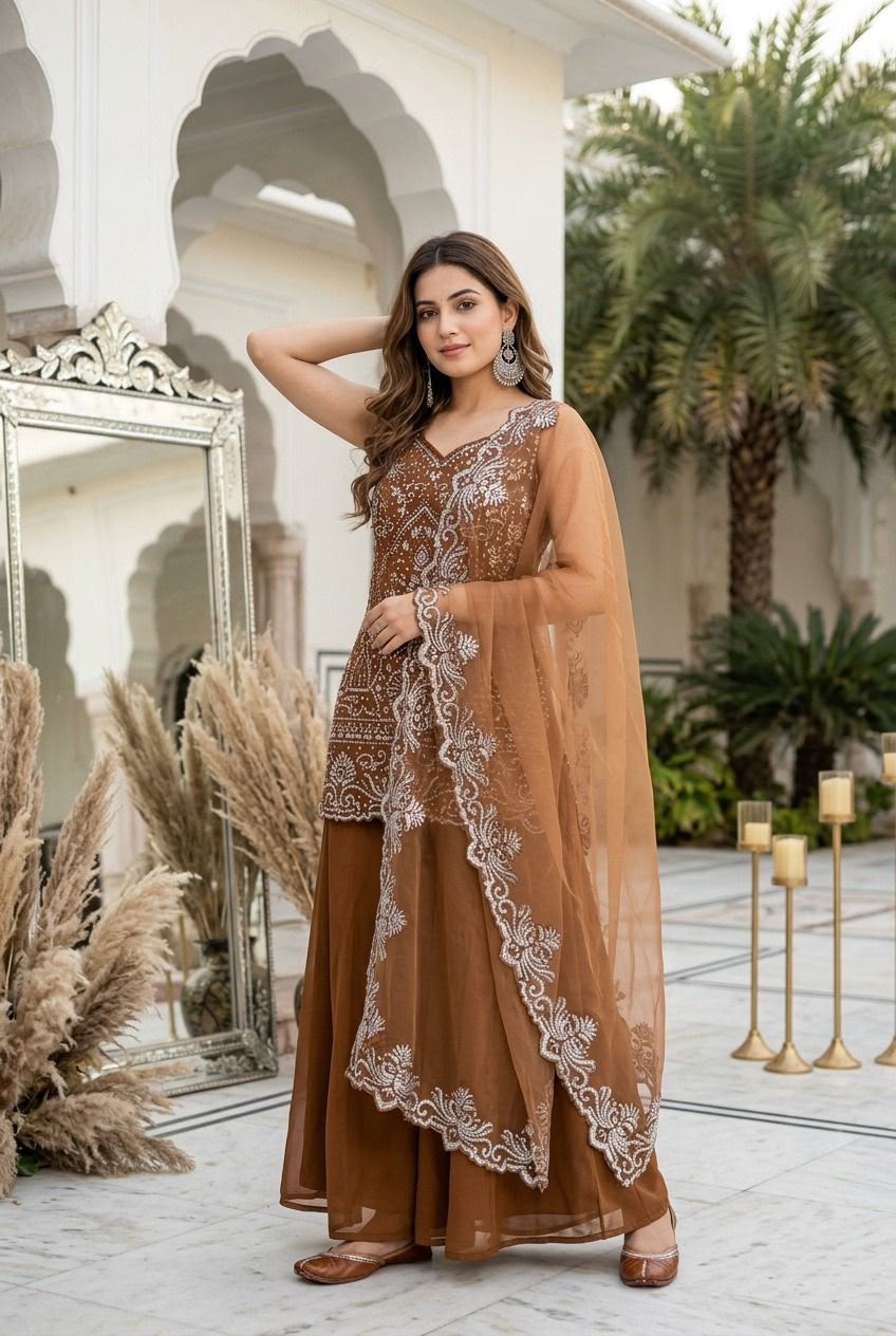 Designer Heavy Star Georgette Embroidered Suit Set with Palazzo & Dupatta