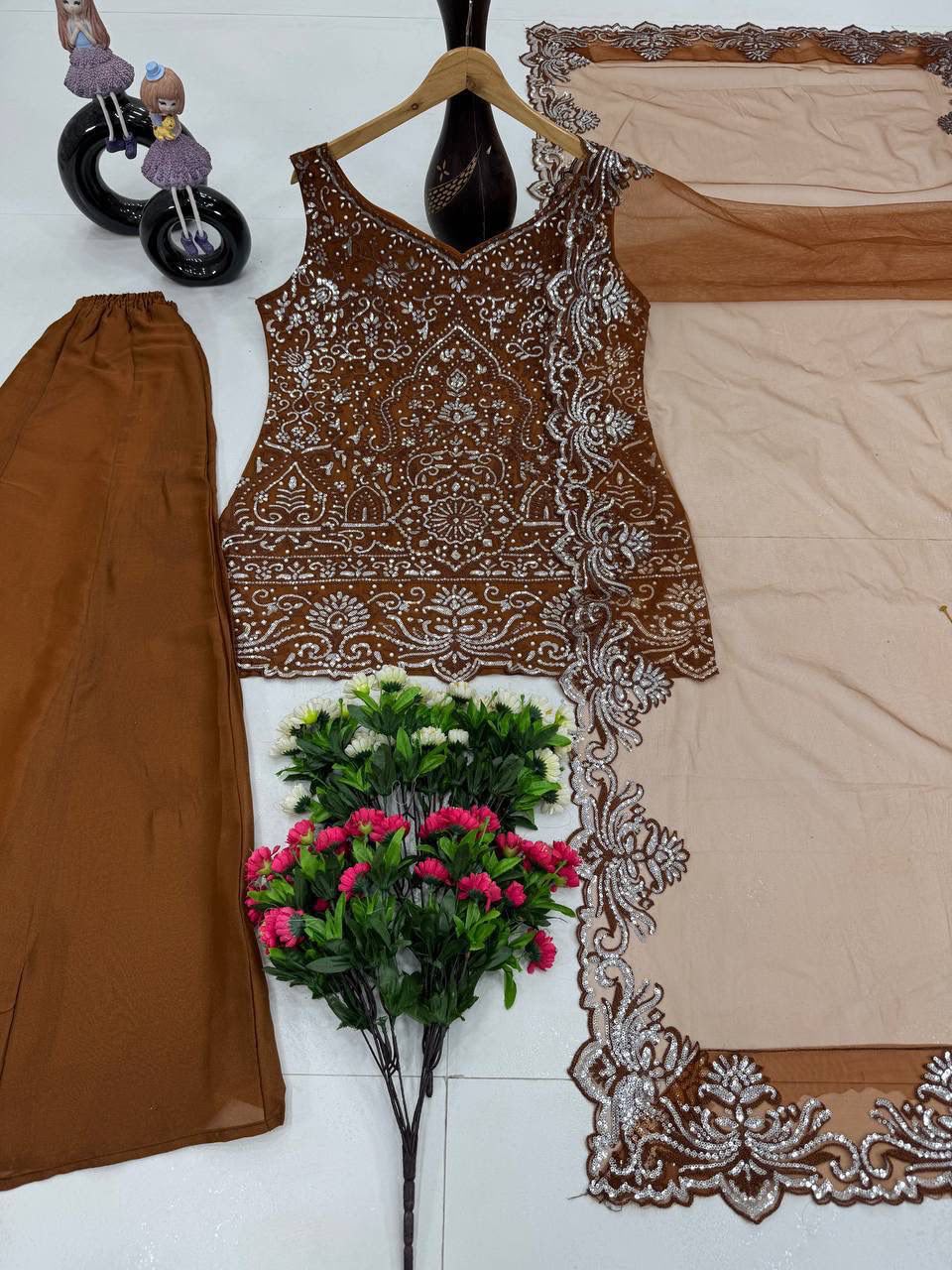Designer Heavy Star Georgette Embroidered Suit Set with Palazzo & Dupatta
