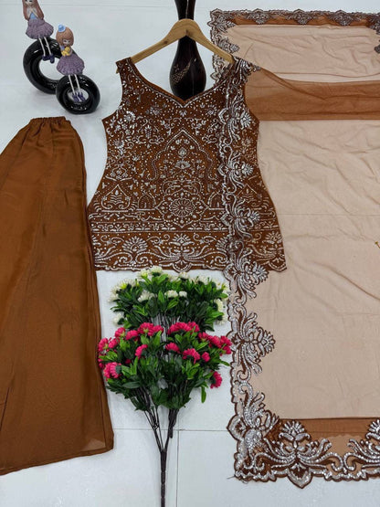 Designer Heavy Star Georgette Embroidered Suit Set with Palazzo & Dupatta