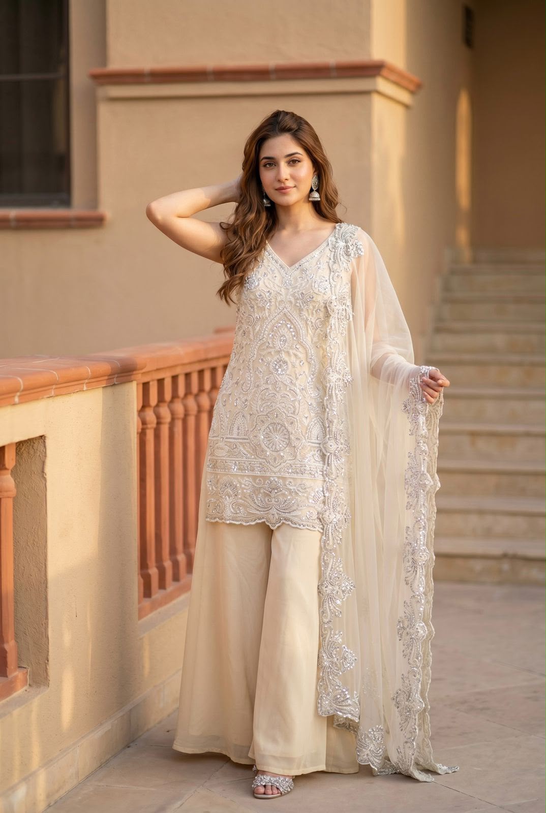 Designer Heavy Star Georgette Embroidered Suit Set with Palazzo & Dupatta