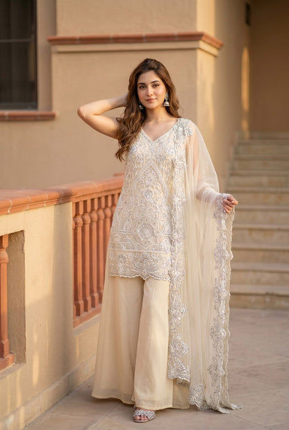 Designer Heavy Star Georgette Embroidered Suit Set with Palazzo & Dupatta