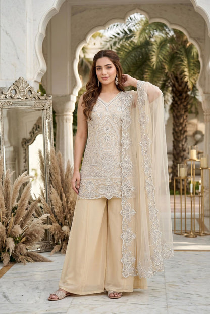 Designer Heavy Star Georgette Embroidered Suit Set with Palazzo & Dupatta