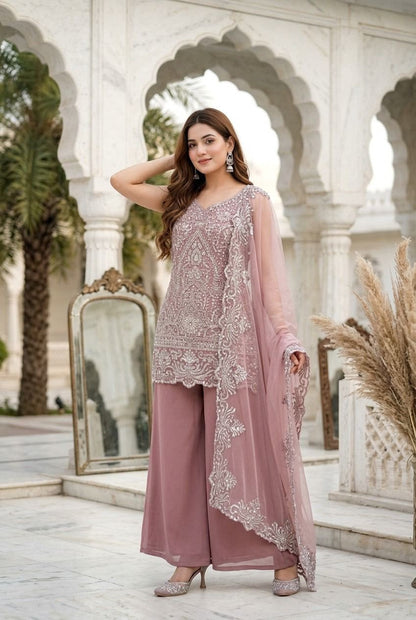 Designer Heavy Star Georgette Embroidered Suit Set with Palazzo & Dupatta