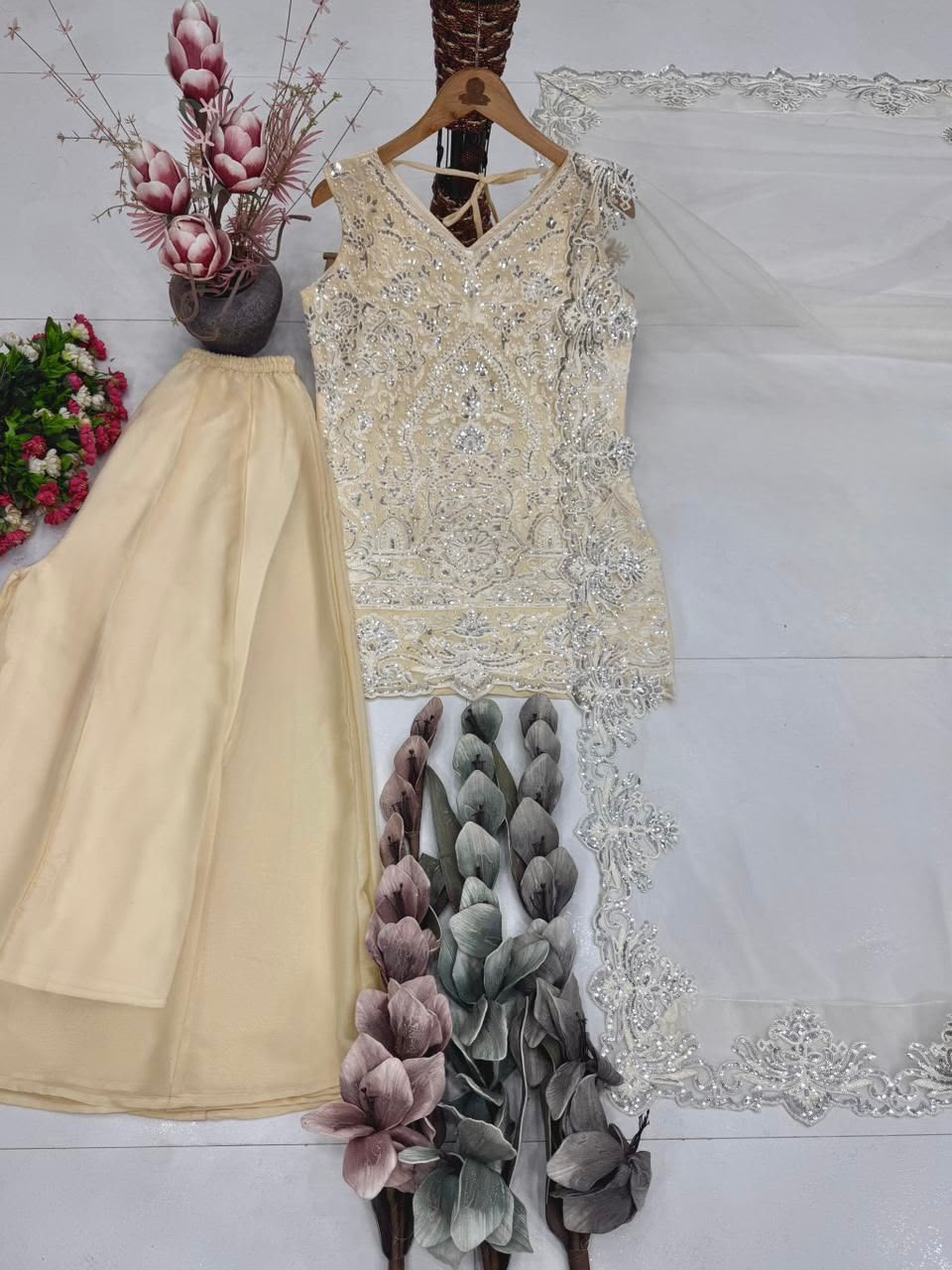 Designer Heavy Star Georgette Embroidered Suit Set with Palazzo & Dupatta
