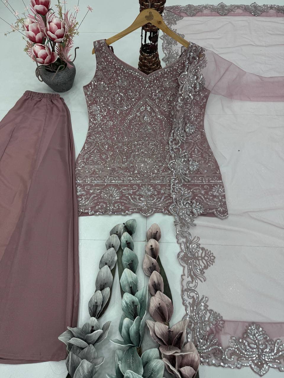 Designer Heavy Star Georgette Embroidered Suit Set with Palazzo & Dupatta
