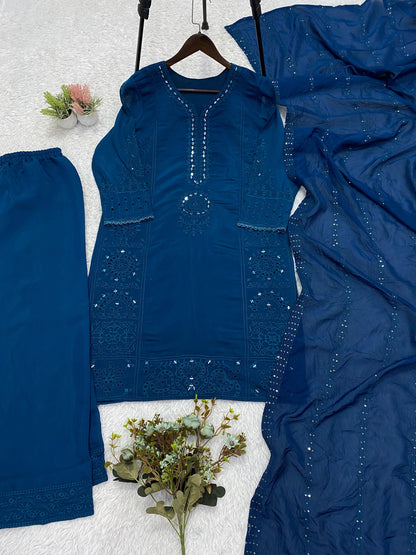 Mal Chanderi Hand Mirror Embroidered Suit Set with Palazzo & Organza Dupatta