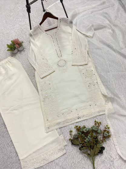Mal Chanderi Hand Mirror Embroidered Suit Set with Palazzo & Organza Dupatta