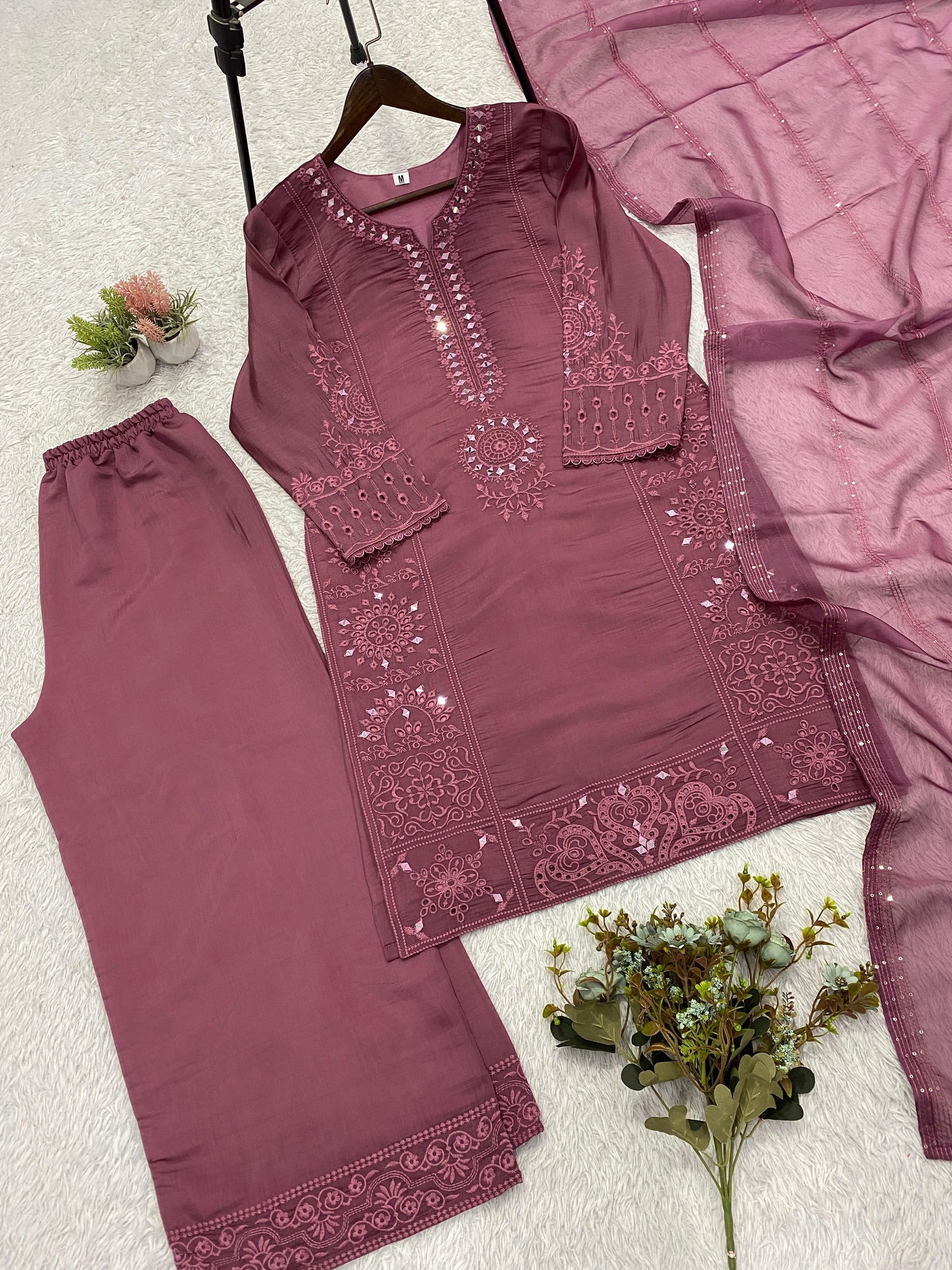 Mal Chanderi Hand Mirror Embroidered Suit Set with Palazzo & Organza Dupatta