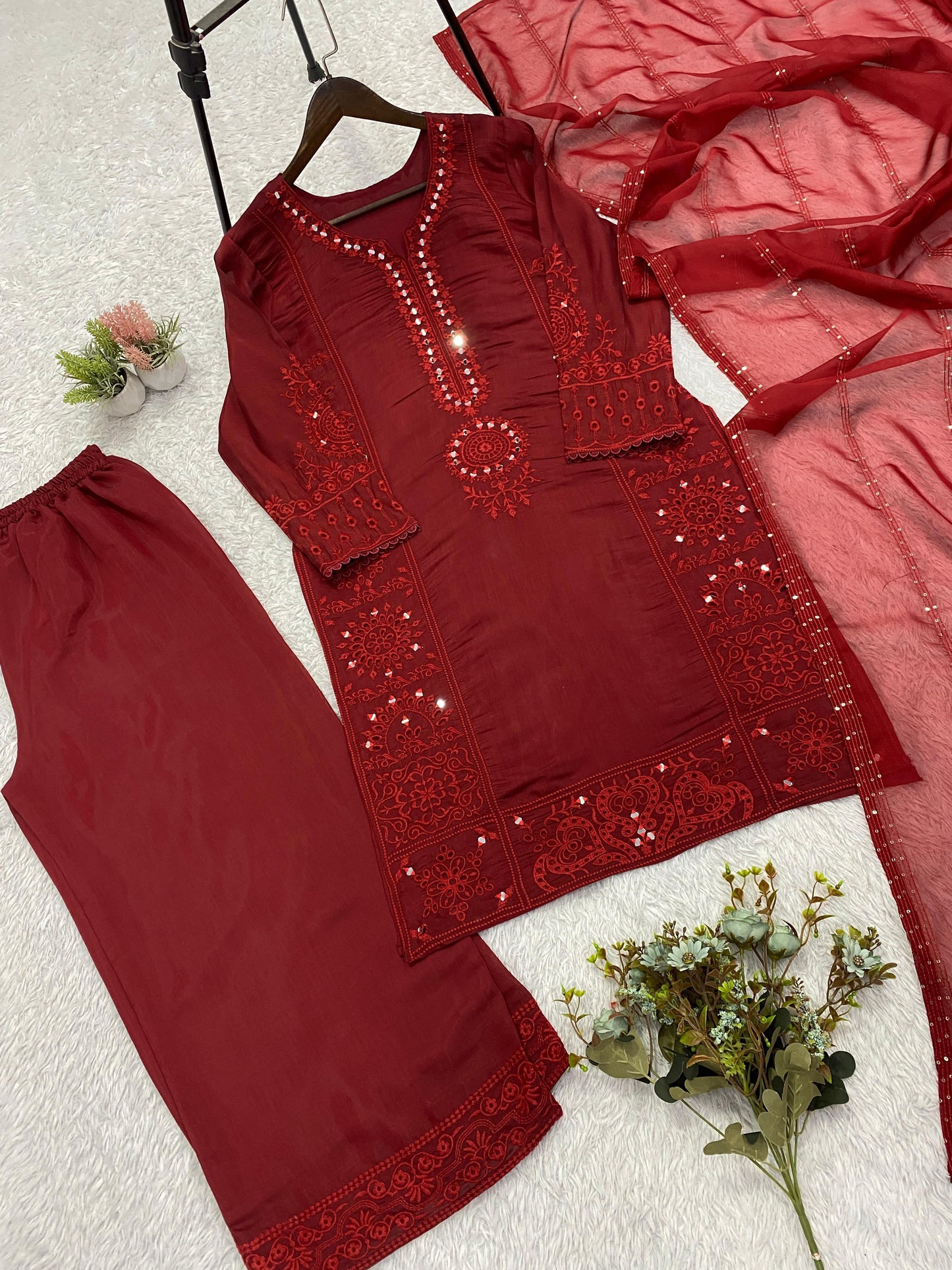 Mal Chanderi Hand Mirror Embroidered Suit Set with Palazzo & Organza Dupatta