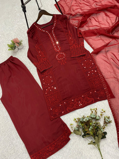 Mal Chanderi Hand Mirror Embroidered Suit Set with Palazzo & Organza Dupatta