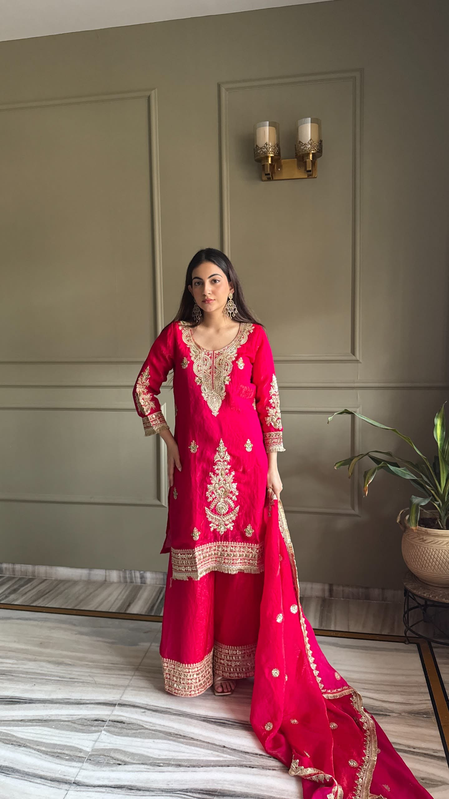 Designer Fendi Satin Embellishment Embroidered Suit Set with Palazzo & Dupatta
