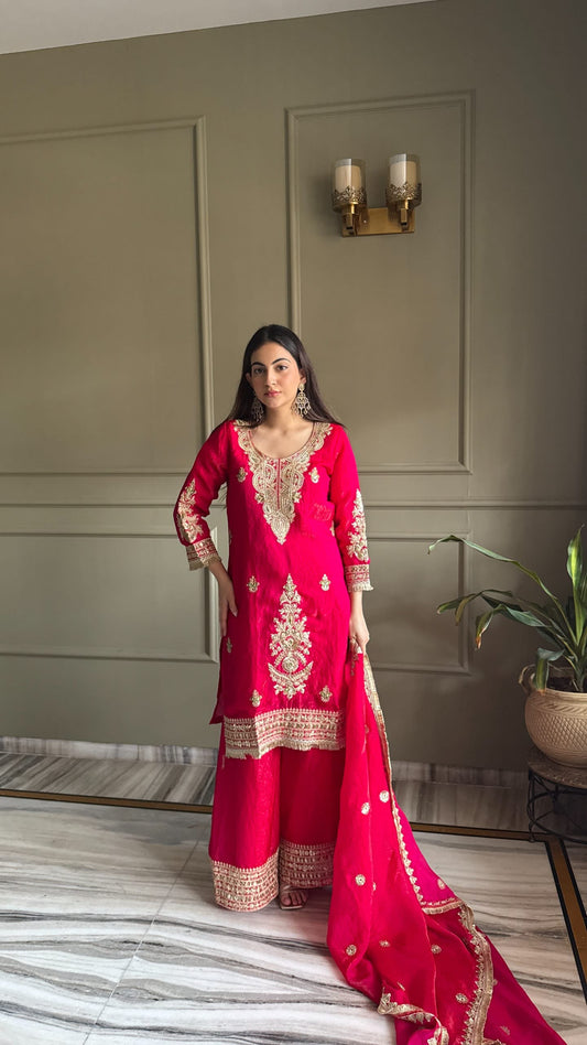 Designer Fendi Satin Embellishment Embroidered Suit Set with Palazzo & Dupatta
