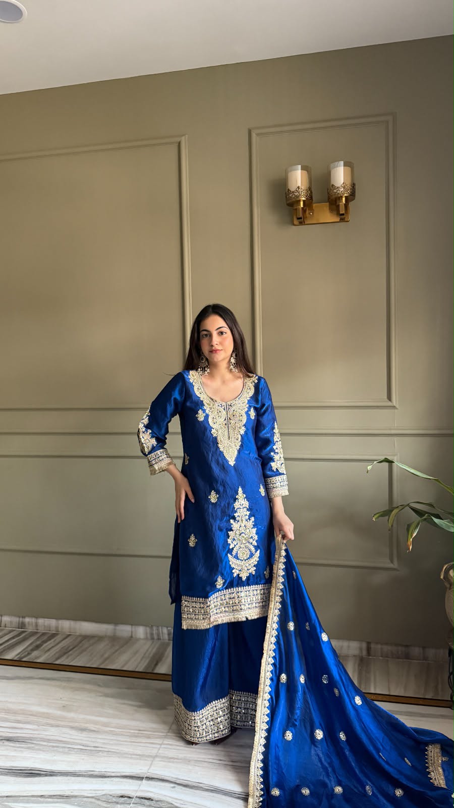 Designer Fendi Satin Embellishment Embroidered Suit Set with Palazzo & Dupatta