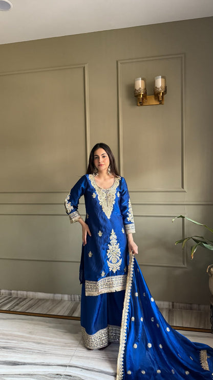 Designer Fendi Satin Embellishment Embroidered Suit Set with Palazzo & Dupatta
