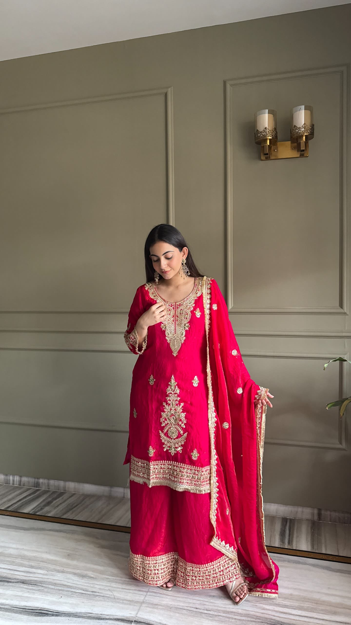 Designer Fendi Satin Embellishment Embroidered Suit Set with Palazzo & Dupatta