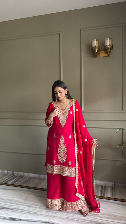Designer Fendi Satin Embellishment Embroidered Suit Set with Palazzo & Dupatta