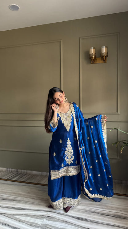 Designer Fendi Satin Embellishment Embroidered Suit Set with Palazzo & Dupatta