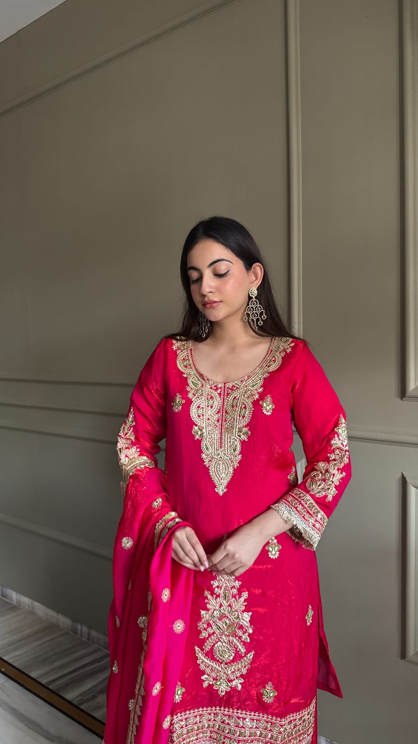 Designer Fendi Satin Embellishment Embroidered Suit Set with Palazzo & Dupatta